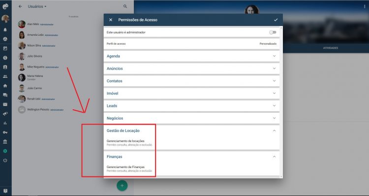 Definir permissões na Locação e FInanceiro